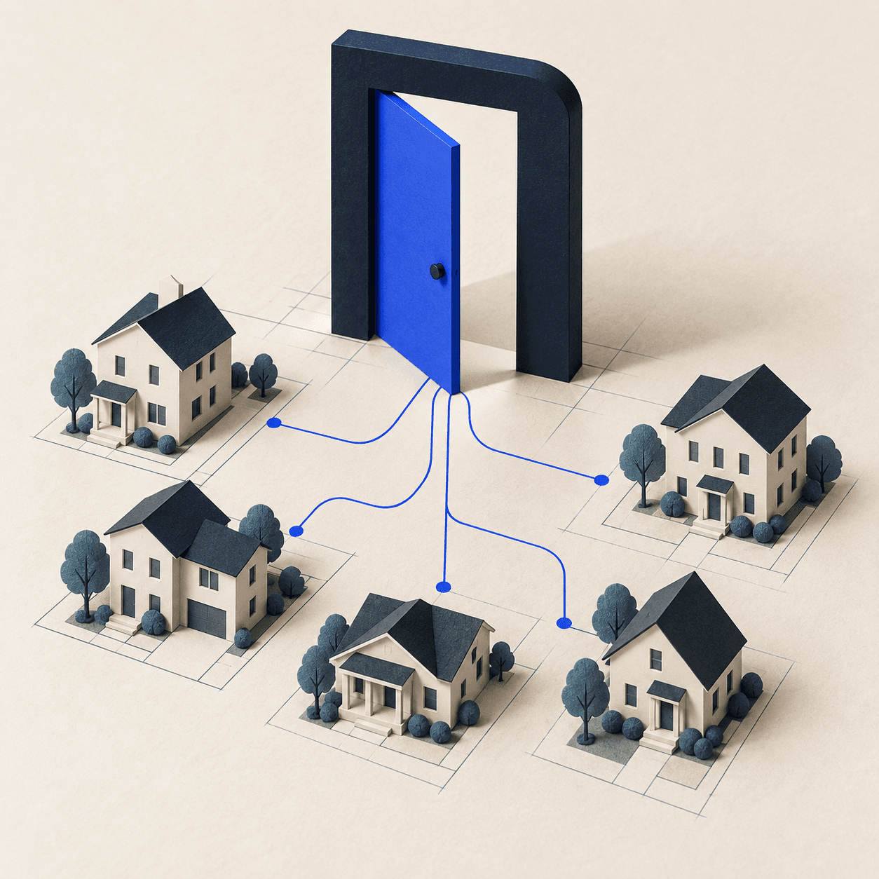 An open cobalt doorway connecting a neighborhood of homes.